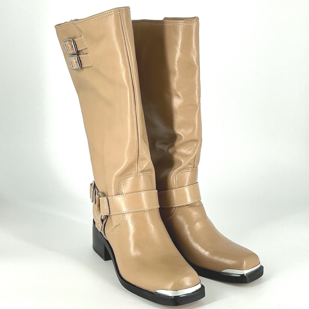 Dolce Vita Size 8.5 Tan Leather Moto Harness Boots NEW Chrome Toe Tip Evi $140
